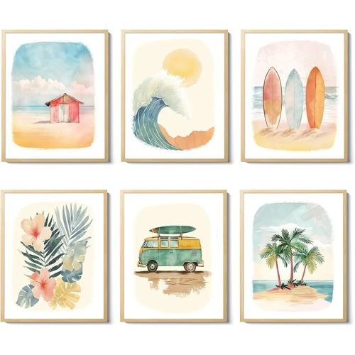 Beach Nursery Poster, Set of 6 Ocean Kids Wall Art Watercolor Summer Surf Wall Decor Beachy Boys Room Decor Funny Teen Coastal Surfboard Canvas Prints Aesthetic Unframed 8x10 inch