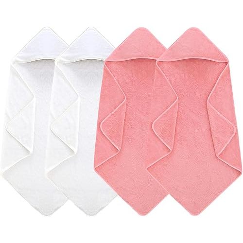 4 Pack Hooded Baby Towels, 32x32 Inch Absorbent Bath Towels, Soft Coral Fleece Hooded Towel for Newborns, Infants, and Toddlers – Baby Bath Essentials (2X White + 2X Pink)