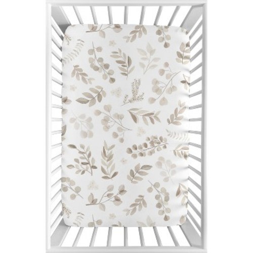 Sweet Jojo Designs Boy or Girl Gender Neutral Unisex Baby Fitted Mini Crib Sheet Botanical Leaf Linen Collection Taupe and Off White
