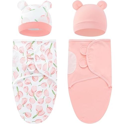 Dizila 2 Sets Adjustable Soft Cotton Blend Receiving Swaddle Blankets Sleep Sacks with Matching Nursery Hats Caps Beanies Bonnets for Newborns Infants Baby Girls Boys (Multicolor S2)