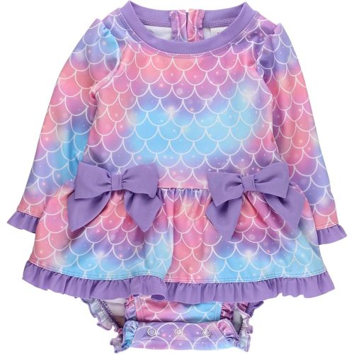 RuffleButts Baby Girls UPF50+ Long Sleeve One Piece Bow Peplum Rash Guard Swimsuit