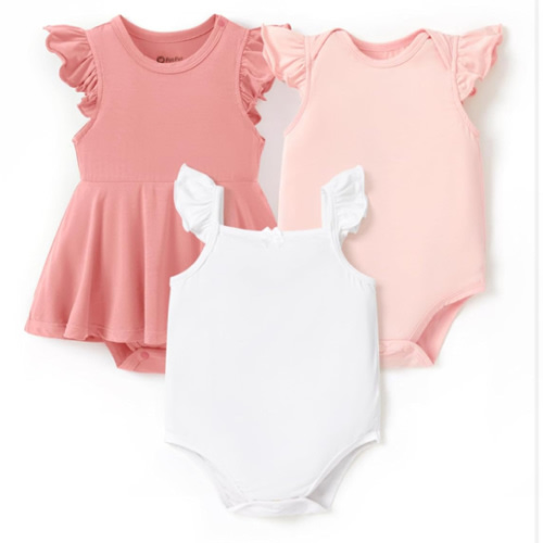 PATPAT Baby Girl Bodysuits - Soft Bamboo Viscose - Flutter Sleeves Cute Dress - Newborn Infant Summer Clothes - 3 Pack