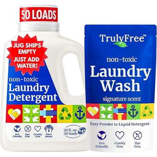 Truly Free Natural Laundry Detergent for Sensitive Skin | Eco Friendly, Plant Based, Baby Clothes Safe | Clean & Easy Powder to Liquid, 1 Empty Reusable Jug + 1 Fill Pack | Signature Scent, 50 Loads