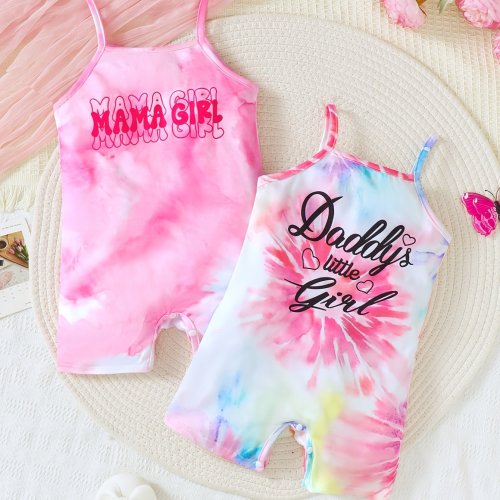 2pcs of Valentine'S Day Baby Girl Rompers with 'MAMA GIRL' Lettering in Pink Tie-Dye And a Rainbow Tie-Dye Print Saying 'Daddy'S Little Girl'. These Sleeveless Spring And Summer Bodysuits Feature an Easy-Care Square Neckline
