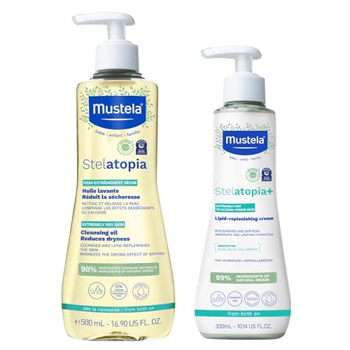Mustela Stelatopia Eczema-Prone Skin Bath Time Gift Set - Family Skin Care Essentials - Natural Avocado & Sunflower Oil - EWG Verified - 2 Items Set - Stelatopia Cleansing Oil and Stelatopia+ Cream