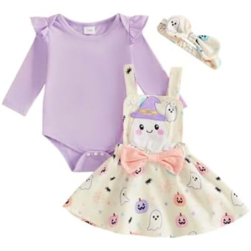 Newborn Baby Girl Halloween Outfit Long Sleeve Romper Suspender Skirt Set