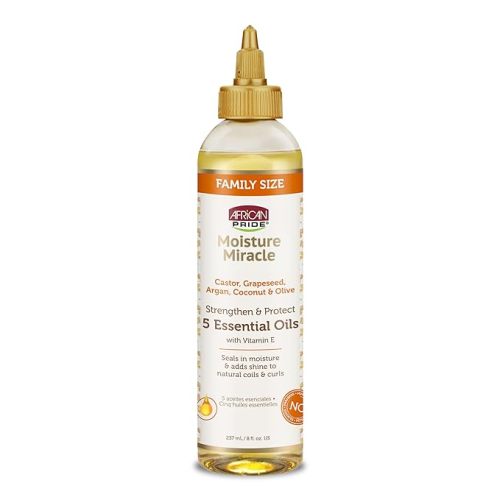 African Pride Moisture Miracle 5 Essential Hair Oils with Vitamin E | Moisture, Shine, Protection, and Growth | Argan, Castor, Grapeseed, Coconut, and Olive Oil | 8 oz