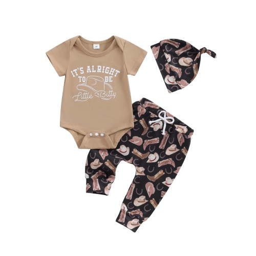BemeyourBBs Its Alright To Be Little Bitty Baby Outfit Western Baby Boy Fall Spring Summer Clothes Short Sleeve Cowboy Hat Romper Boot Print Pants Hat 3 Piece Newborn Clothing Set