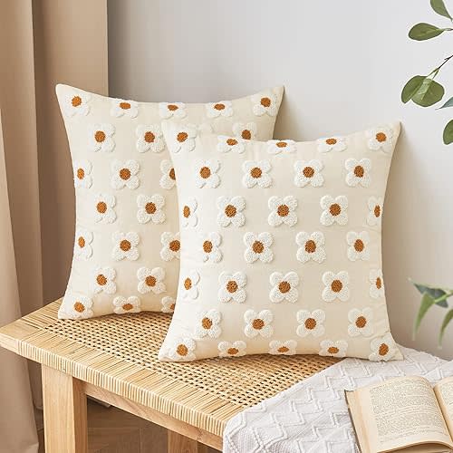EMEMA Decorative Throw Pillow Covers Sun Flower Jacquard Pillowcase Cushion Case Square for Couch Sofa Bed Living Room Bedroom Set of 2, 16x16 Inch, Beige