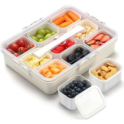 Snackle Box Container for Adults with 9 Compartment, Divided Serving Tray Snack Box Containers with Lid and Handle, Charcuterie Boxes Portable Snack Platter for Fruit Veggie Party Travel, White