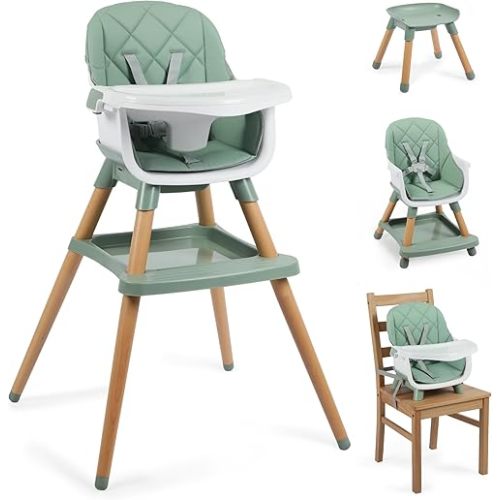 8 in 1 Wooden High Chairs for Babies Toddlers, Convertible to Booster Seat, Baby Feeding Highchair w/ 5-Point Safety Harness, Removable Tray & Cushion, Green