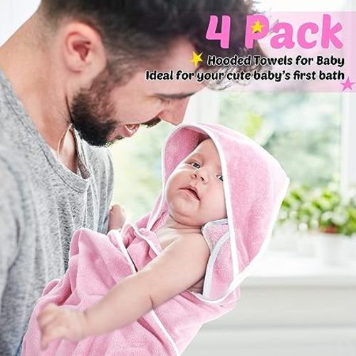Reginary 4 Pack Baby Hooded Towels Coral Fleece Baby Bath Towels 30 x 30 Inch Soft Absorbent Hooded Bath Blanket for Newborn Toddler Infant Boy Girl Shower Gift Supplies (White, Pink)