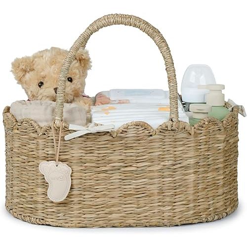 YANGQIHOME Diaper Caddy Organizer, Seagrass Nursery Baby Basket for Baby Essentials, Scalloped Wicker Diaper Caddy, Baby Shower Gifts (MeadowNest)