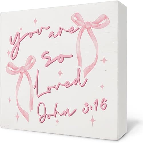 Coquette Room Decor, You are so Loved John 3:16 Pink Coquette Bow Wooden Sign, Preppy Decor, Bible Verse Wood Block Sign for Girls Room Dorm Desk Shelf Table, 5x5 Inch