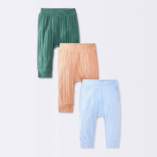 Baby Boys' 3pk Ribbed Cotton Jogger Pants - Cloud Island™ Blue/Green/ Tan 0-3M
