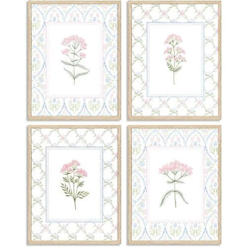Pink Blue Floral Nursery Wall Art Watercolor Wildflower Pictures Wall Decor Sage Green Botanical Posters Vintage Grandmillenial Flower Painting Print Artwork for Baby Girls Room Bedroom, Unframed