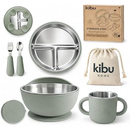 304 Stainless Steel Baby Feeding Set with Suction, Green