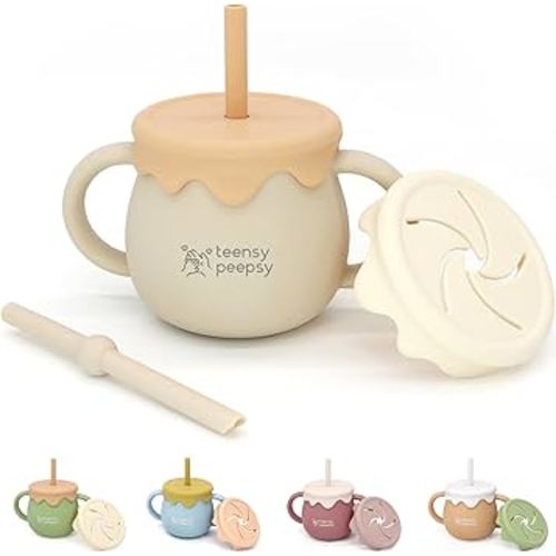 Honey Jar Pot 3-in-1 Silicone Training Cup 8.5oz, Unisex Baby Sippy Cup with Straw & Snack Lid for 6 months+ Break Resistant Straw Cup for Toddler Smoothie Drinkware (Sandy Beige)