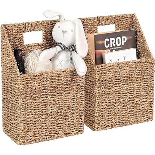 Wicker Hanging Storage Baskets (10.5"Lx6.5"Wx13"H), Set of 2 Wall Basket, Seagrass Basket, Wall Decor Baskets, Seagrass Woven Hanging for Organizing Files, Mails, Books, Accessories