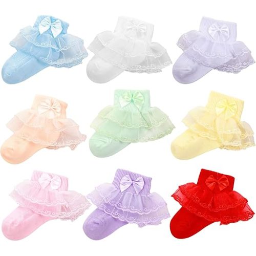 Hillban 9 Pairs Baby Lace Socks Girls' Ruffle Socks for Newborn Infants Princess Frilly Lace Cotton