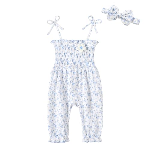 Happy Town Baby Girl Clothes Sleeveless Romper Jumpsuit with Headband Summer Infant Outfits for 0-24 Months