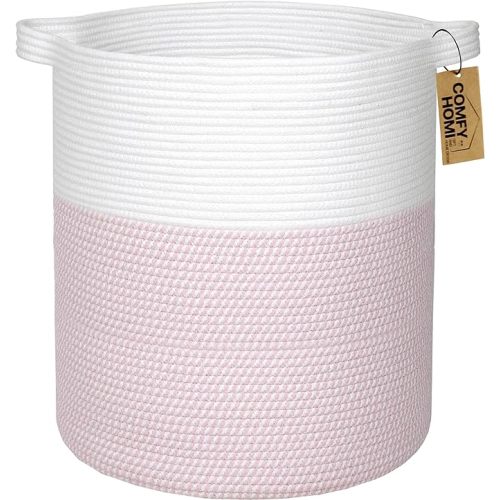 COMFY-HOMI XXL Large Laundry Basket with Handles Blanket Baskets Living Room|Woven Cotton Rope Decorative Basket Laundry Hamper Baby Basket Nursery Dog Toy Storage Organizer Bin-16”x18”-White/Pink