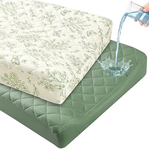 FIOBEE Changing Pad Cover Waterproof 2 Pack Quilted Diaper Change Table Sheets Breathable & Ultra Soft for Newborn Baby Boys Girls Fitted Changer Pads 32"x 16", Green Floral