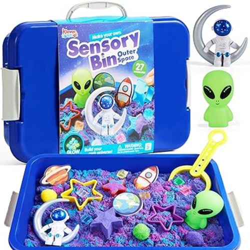 Klever Kits Outer Space Sensory Bin for Toddlers with Glow in The Dark Alien and Rocks, Sandbox with Lid Dual-Color Sand, Preschool Learning Activities Gifts for Boys Girls Age 3+ by JOVA