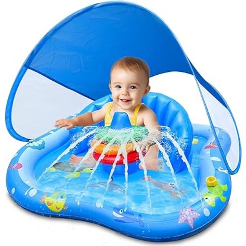 iGeeKid Baby Play Mat with Sprinkler, Inflatable Baby Pool Float with Canopy Backrest & Stackable Rings Water Sprinkler for Kids, Outdoor Water Play Toys for Toddlers Backyard Swimming Water Games