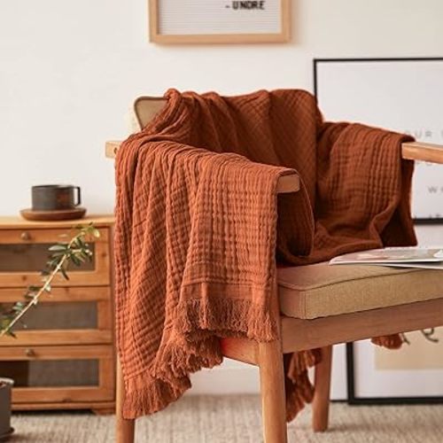 Simple&Opulence Cotton Muslin Rust Orange Throw Blanket for Bed, Couch, Knit Woven Gauze Blanket with Tassels, Soft Lightweight Cozy Pre-Washed Breathable Farmhouse Decoration for All-Season