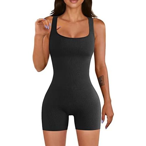 Women Workout Romper Yoga Ribbed Square Neck One Piece Seamless Tank Top Jumpsuit