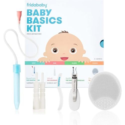 Frida Baby Basics Kit, 6pc Baby Essentials Kit with Silicone Carry Case | Includes NoseFrida SnotSucker, NailFrida Nail Files, Windi Gas Relief & DermaFrida Bath Brush