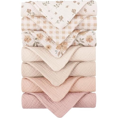 Konssy Baby Muslin Washcloths 7-Pack, 100% Cotton Baby Bath Washcloths, Soft & Absorbent Wash Cloths and Burp Cloths for Newborn Kids Girls & Boys, 11x11 inches