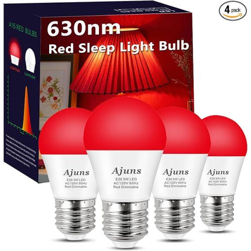 LED Red Sleep Light Bulb Dimmable, 100% Blue Light Blocking Bulb 630nm Promoting Melatonin Red Light Bulbs, A15 5W E26 Base Dim Light Bulbs for Bedroom, Baby Nursery,4 Packs