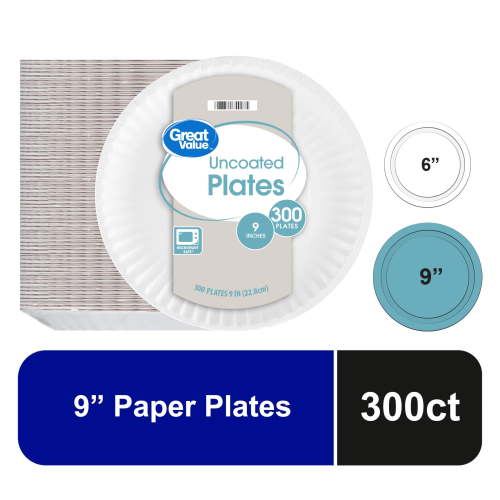 Great Value Uncoated Paper Plates, 9", 300 Count