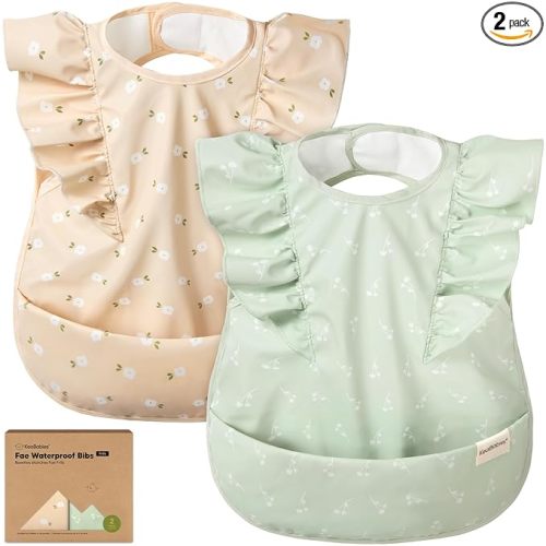 KeaBabies Waterproof Bibs for Baby Girl,Boy – 2-Pack Lightweight, Large Baby Bibs for Eating, Wearable Food Catcher, 6-12 Months Infant Feeding Essentials, Smock for Toddlers 1-3, Kids (Bloom)