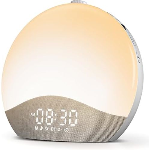 ecozy Sunrise Alarm Clock, White Noise Sound Machine, Alarm Clock for Bedrooms, 26 Soothing Sounds, 17 Night Lights, Bluetooth Speaker, Sunrise Wake-Up Light for Heavy Sleepers, Adults, Kids