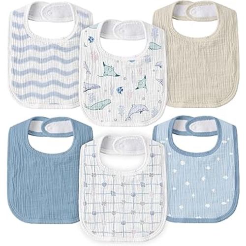 GLLQUEN BABY Muslin Drool Bibs for Boys Girls 6 Pack, Adjustable Baby Bibs for Drooling and Teething, Soft Cotton Baby Bandana Bib for Newborn Feeding Essentials (Ocean Whimsy)
