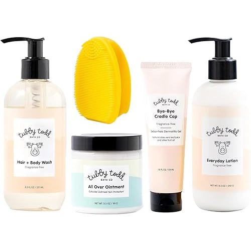 TUBBY TODD Baby Cradle Cap Solution - The Bye-Bye Cradle Cap Kit - Cradle Cap Gel 1.8 Oz, Shampoo + Body Wash 8.5 Oz, Lotion 8.5 Oz, All Over Ointment 3.5 Oz, & Cradle Cap Brush - Fragrance-Free