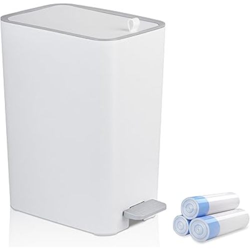 rejomiik Small Bathroom Trash Can with Lid, 3.2 Gallon Step Garbage Can with Handle, Slim Mini Wastebasket Bin for Bedroom, Office, Dorm, White