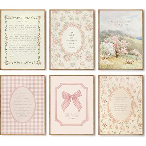 ZARTMYY Christian Nursery Wall Art Bible Verse Wall Decor Prints Jesus Religious Posters Pink Flower Bow Bible Verse Canvas Painting Kids Vintage Christian Boho Prints for Girls Bedroom 6Pcs Unframed