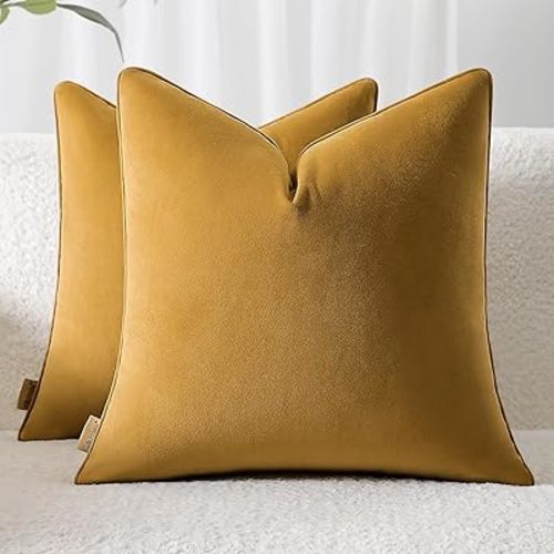 Throw Pillow Covers 18x18 Set of 2 – Solid Decorative Pillow Cases for Couch, Sofa, Bed – Square Cushion Covers with Piping (No Insert) Honey
