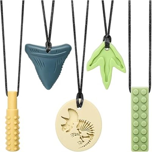 Sensory Chew Necklaces for Aggressive Chewers - Silicone Chewelry for Autism, ADHD, Oral Motor Therapy & Baby Teething - Dinosaur (BPA-Free, Textured Surface)