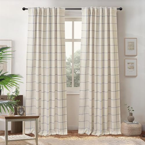 DriftAway 100% Blackout Windowpane Plaid Linen Curtains Double Layer Farmhouse Drapes 84 Inches Long for Living Room Bedroom Yarn Dyed Woven Thermal Insulated Rod Pocket Back Tab 2 Panels Taupe