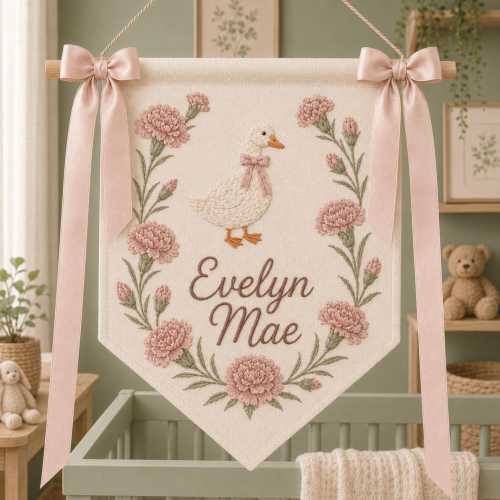 Personalized Baby Birth Flower Banner, Embroidery Name and Floral Nursery Decor, Baby Girl Newborn Keepsake