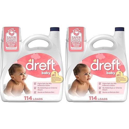 Dreft Stage 1 Newborn Baby Liquid Laundry Detergent,Gentle on Sensitive Skin,HE Compatible,114 loads,(Pack of 2)