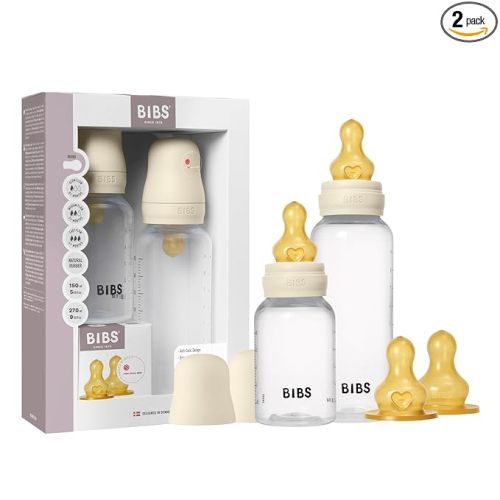 BIBS Grow & Flow Plastic Baby Bottle Set, 150 ml + 270 ml, 2-Pack, Ivory | Anti-Colic | Natural Rubber Latex Nipple | Flow Control | BPA-Free Plastic | Breastfeeding Support | Made in Denmark