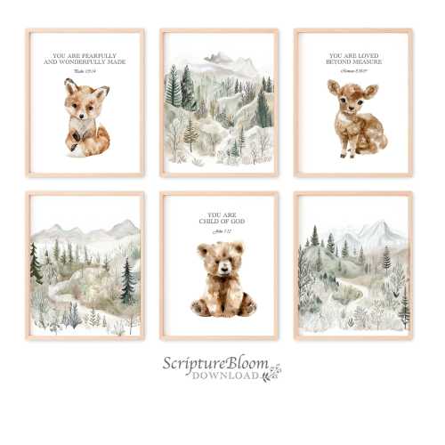 Forest Animal Bible Verse Gallery Prints: Woodland Scripture Wall Art Nursery, Set of 6