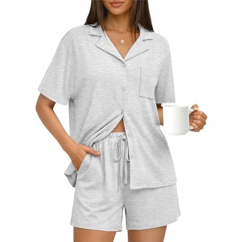 Trendy Queen Pajamas Set for Women 2 Piece Short Sleeve Sleepwear Button Down Pjs Matching Lounge Sets with Pockets