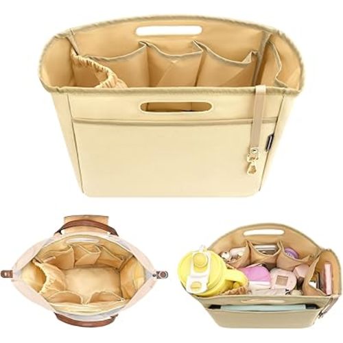 Dadanism Tote Bag Organizer Insert, Handbag Tote Organizer Insert with Multi-pocket, Cup Holder, Zipper Pocket, Handle, Handbag Dividers Bag Shaper Compatible with Longchamp, Beige